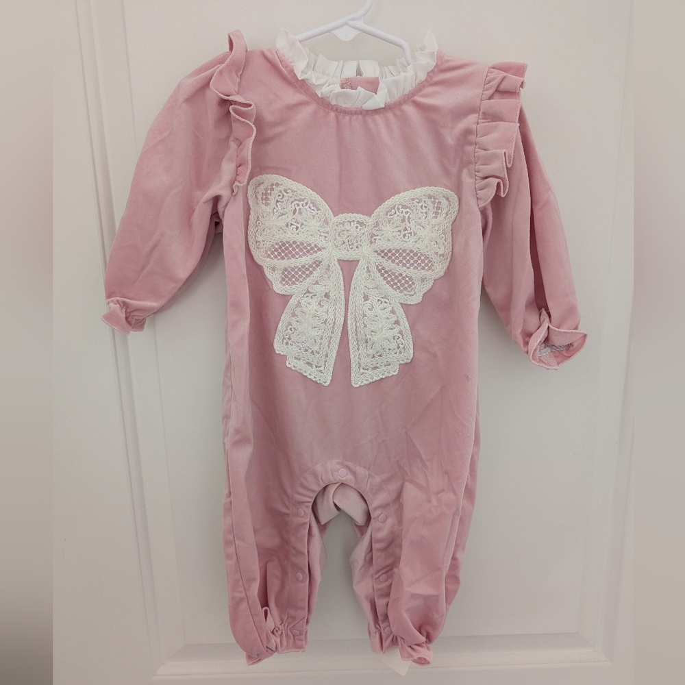 $ Pink Velour Jumpsuit With‎ Ruffle And Lace Bow Detail